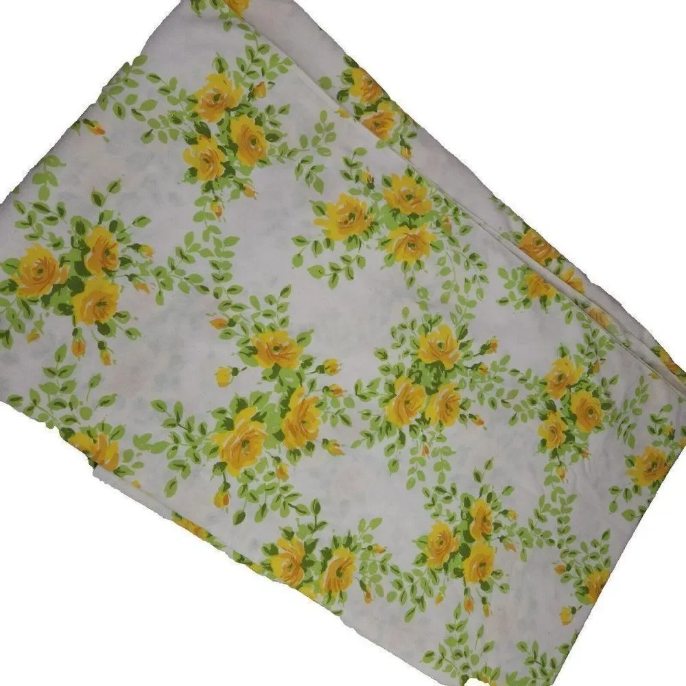 Vintage 70s Stevens Utica Yellow Roses Flat Sheet Twin Size Percale